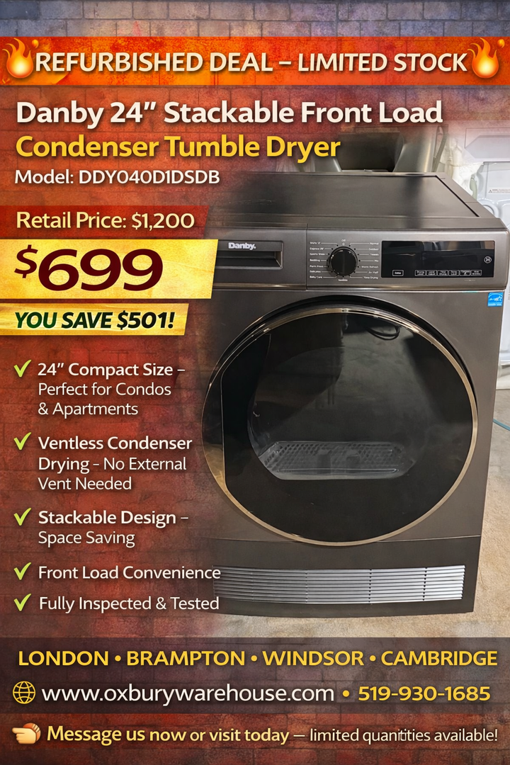 Danby 24″ Stackable Front Load Condenser Tumble Dryer – DDY040D1DSDB