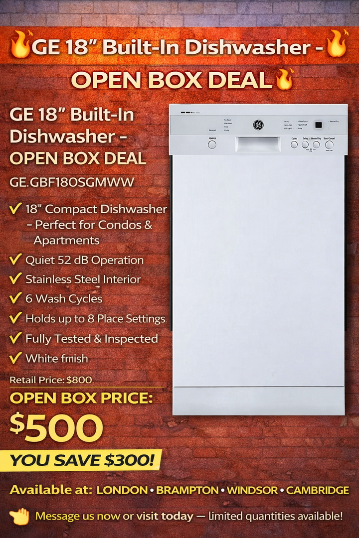 GE GBF180SGMWW 18″ Built-In Dishwasher – White