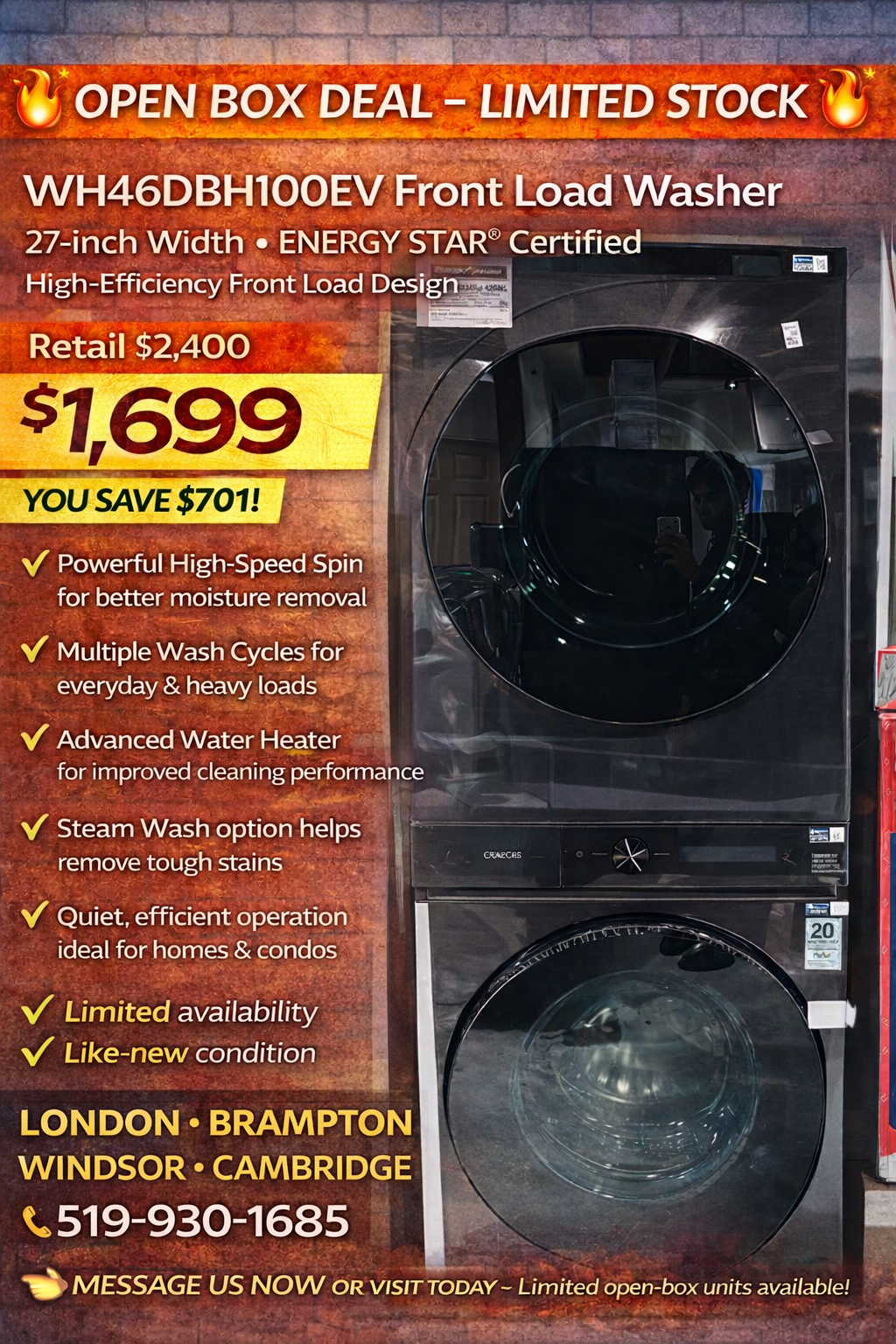 WH46DBH100EV - LAUNDRY CENTERS - Samsung - Stacked Washer/Dryer - Electric - Black Stainless Steel