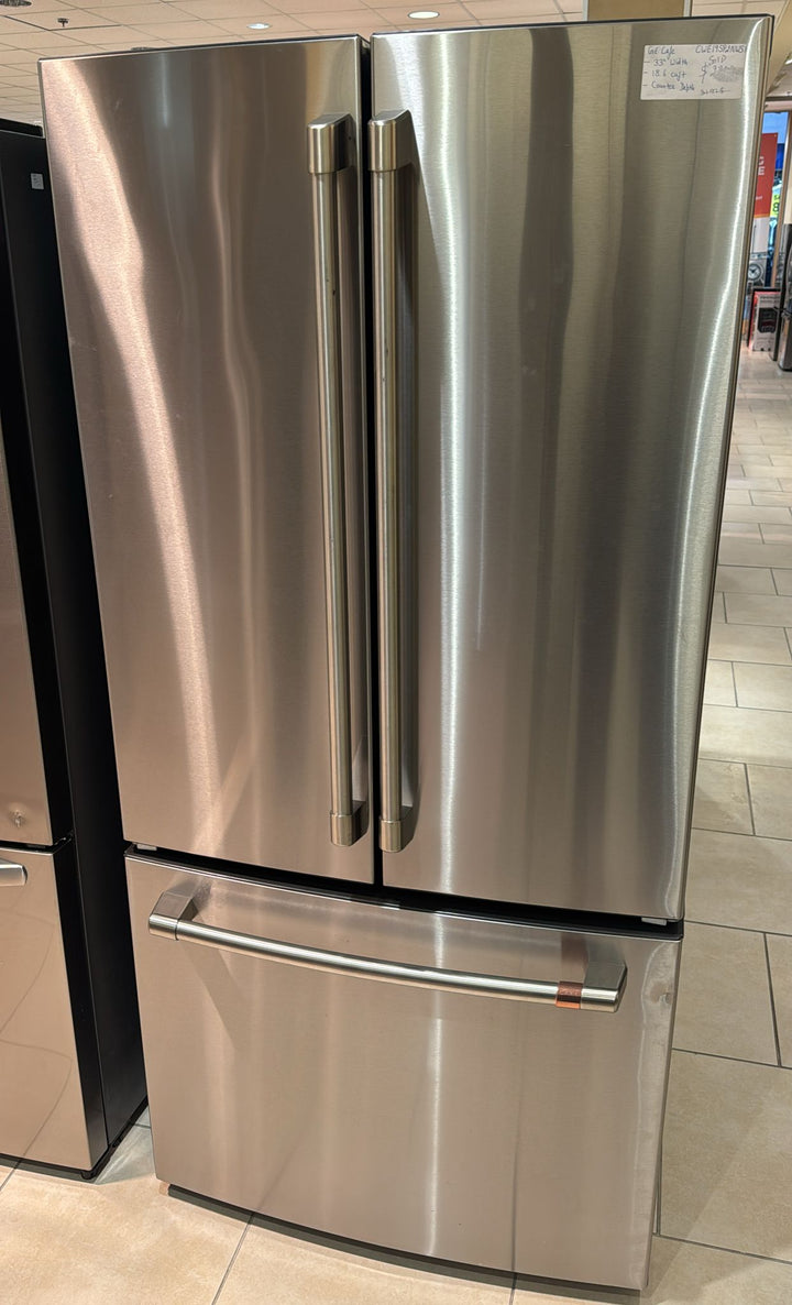 Cafe (CWE19SP2NS1) French Door Refrigerator, 33" Width, ENERGY STAR Certified, Counter Depth, 18.6 cu. ft. Capacity, Freezer Located Ice Dispenser, Interior Water Dispenser, LED Lighting, Stainless Steel colour Turbo Cool, Quick Space Shelves
