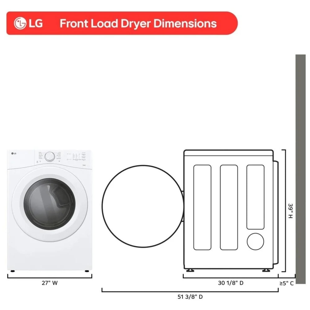 LG DLE3420W Electric Dryer, 7.4 cu. ft. Dryer Capacity, 10 Dry Cycles, 5 Temperature Settings, Vented, Stackable, Wifi Enabled, White colour Category: Electric Dryers