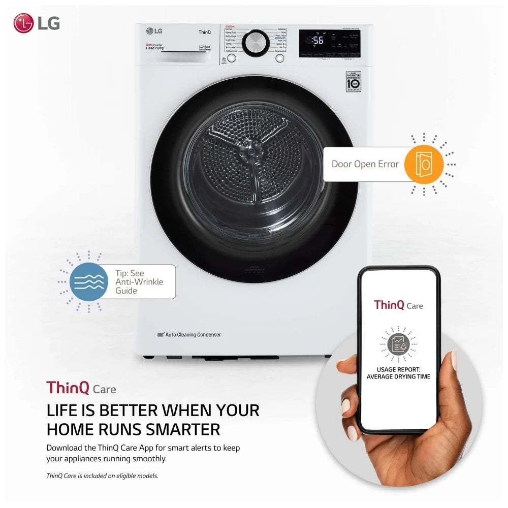 LG DLHC1455W Dryer, 24" Width, Electric Dryer, 4.2 cu. ft. Capacity, 14 Dry Cycles, Stackable, Wifi Enabled, White colour Heat Pump