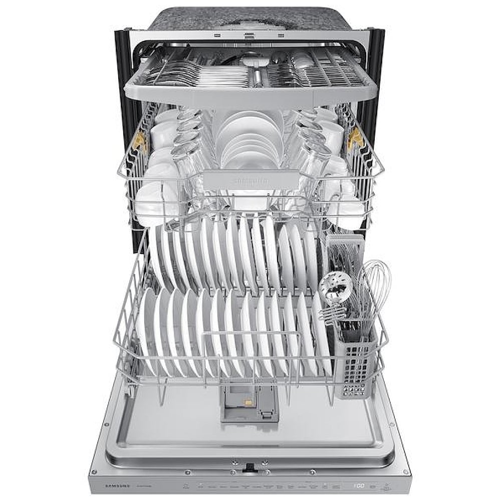 Samsung DW80CG5450SRAA Dishwasher, 24 inch Exterior Width, 45 dB Decibel Level, Fully Integrated, Stainless Steel (Interior), 7 Wash Cycles, 15 Capacity (Place Settings), 3 Loading Racks, Wifi Enabled, Stainless Steel color