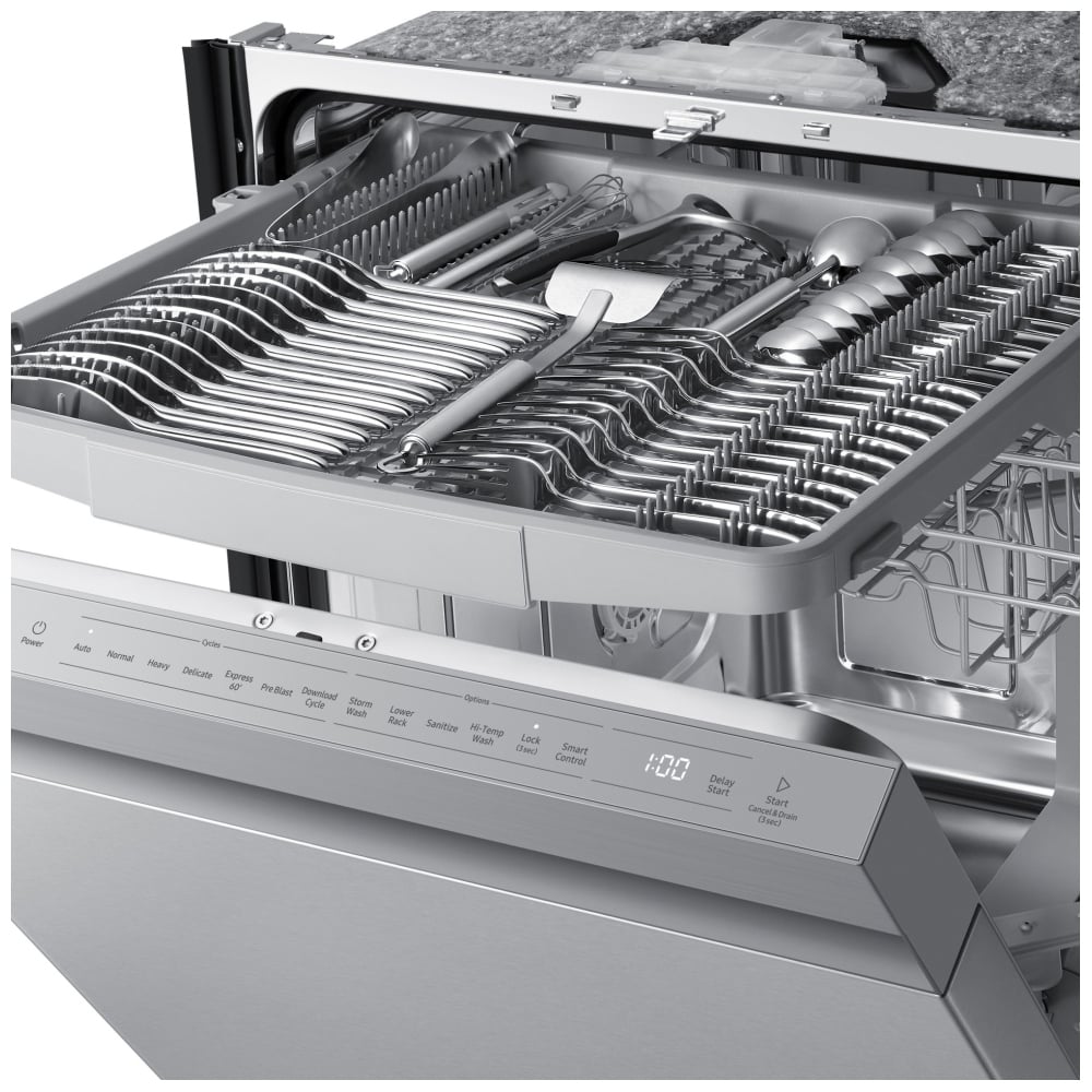 Samsung DW80CG5450SRAA Dishwasher, 24 inch Exterior Width, 45 dB Decibel Level, Fully Integrated, Stainless Steel (Interior), 7 Wash Cycles, 15 Capacity (Place Settings), 3 Loading Racks, Wifi Enabled, Stainless Steel color