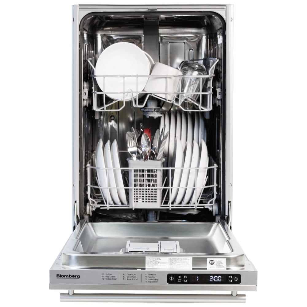 Blomberg DWS51502SS Dishwasher, 18 inch Exterior Width, 48 dB Decibel Level, Fully Integrated, Stainless Steel (Interior), 5 Wash Cycles, 8 Capacity (Place Settings), 2 Loading Racks, Stainless Steel color