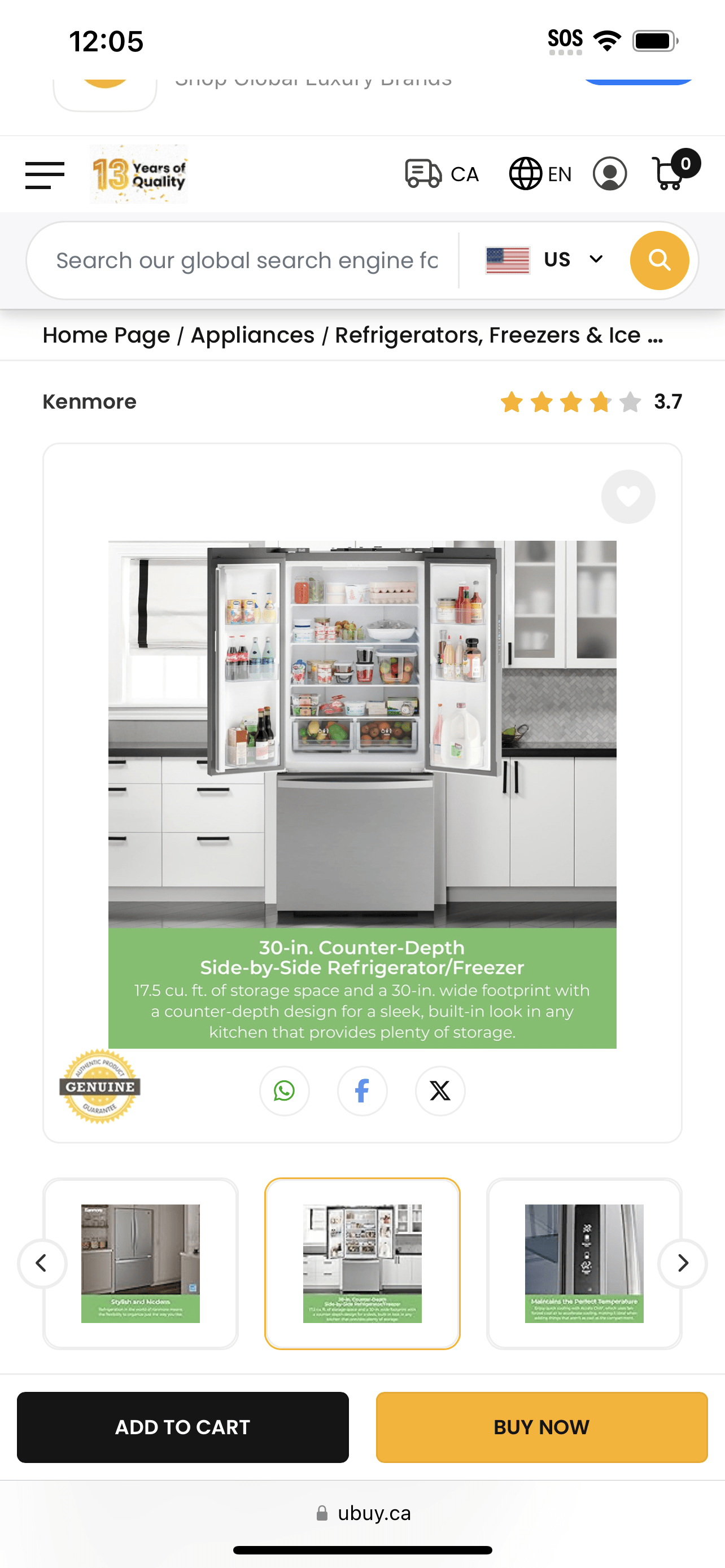 Kenmore 46-75525 29.88 Inch Counter-Depth French Door Refrigerator/Freezer with Fingerprint-Resistant Stainless Steel, Ice Maker, Quiet and Energy Efficient Inverter Compressor, 17.5 cu. ft, 30 inch wide