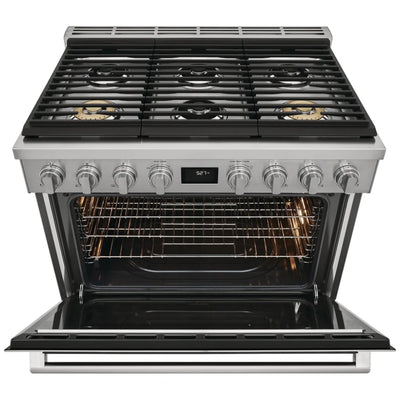 Electrolux ECFD3668AS Dual Fuel Range, 4.4 cu. ft. Capacity, 36 inch Exterior Width, True Convection, 6 Burners, Manual Clean, Stainless Steel colour Temperature Probe, True European Convection, Steam, Illuminated Knobs