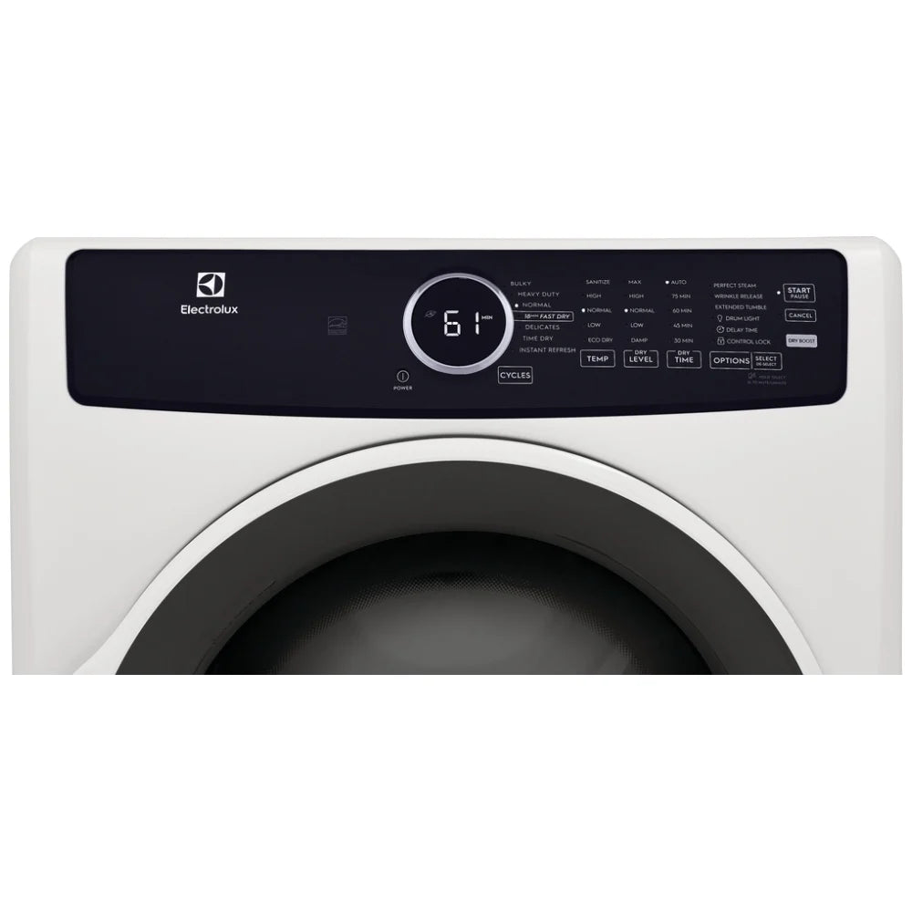 Electrolux ELFE743CAW Dryer, 27 inch Width, Electric, 8.0 cu. ft. Capacity, Steam Clean, 5 Temperature Settings, Stackable, Steel Drum, White colour
