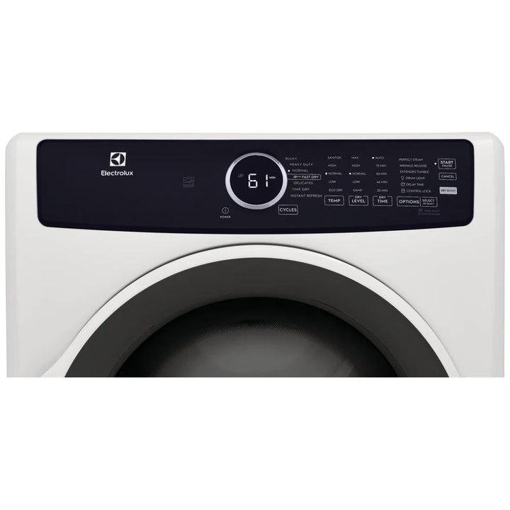 Electrolux ELFE743CAW Dryer, 27 inch Width, Electric, 8.0 cu. ft. Capacity, Steam Clean, 5 Temperature Settings, Stackable, Steel Drum, White colour