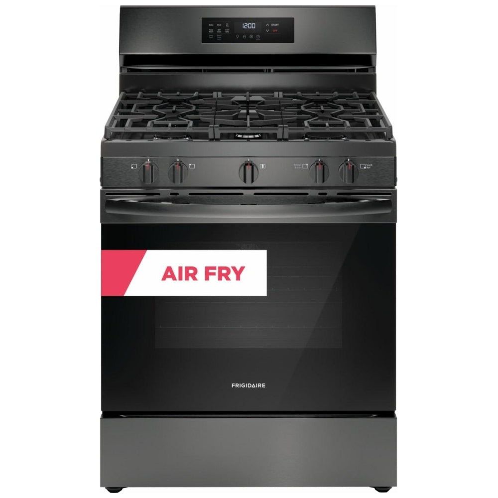 Frigidaire FCRG3083AD Gas Range, 5.1 cu. ft. Capacity, 30 inch Exterior Width, Self Clean, Convection, 5 Burners, Storage Drawer, Air Fry, 18,000 BTU Highest Burner, Black Stainless Steel color (Copy)