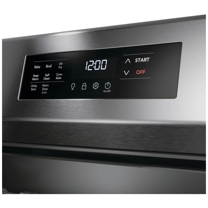 Frigidaire FCRG3083AS Gas Range, 5.1 cu. ft. Capacity, 30 inch Exterior Width, Self Clean, Convection, 5 Burners, Storage Drawer, Air Fry, 18,000 BTU Highest Burner, Black Stainless Steel color