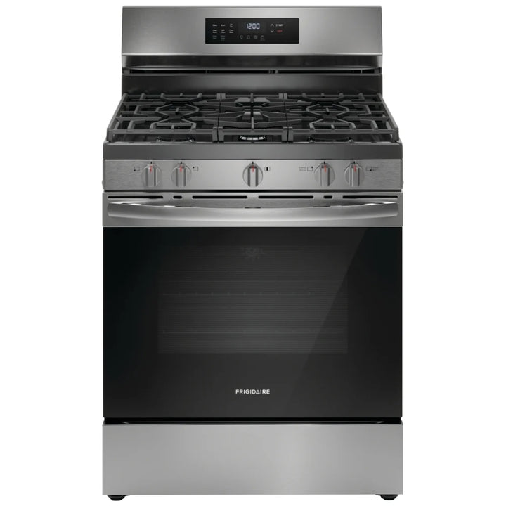 Frigidaire FCRG3083AS Gas Range, 5.1 cu. ft. Capacity, 30 inch Exterior Width, Self Clean, Convection, 5 Burners, Storage Drawer, Air Fry, 18,000 BTU Highest Burner, Black Stainless Steel color