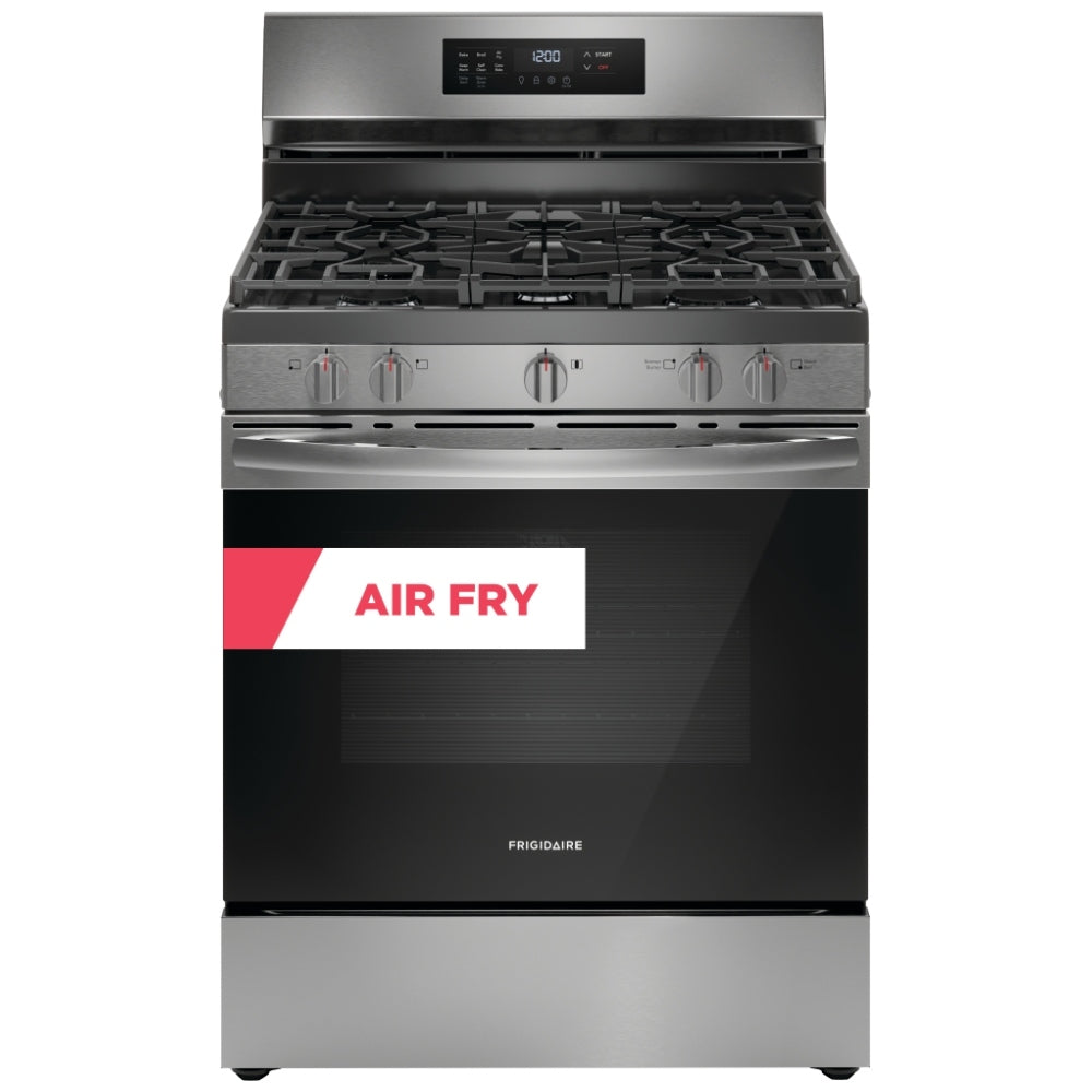 Frigidaire FCRG3083AS Gas Range, 5.1 cu. ft. Capacity, 30 inch Exterior Width, Self Clean, Convection, 5 Burners, Storage Drawer, Air Fry, 18,000 BTU Highest Burner, Black Stainless Steel color