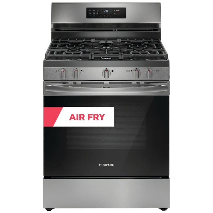 Frigidaire FCRG3083AS Gas Range, 5.1 cu. ft. Capacity, 30 inch Exterior Width, Self Clean, Convection, 5 Burners, Storage Drawer, Air Fry, 18,000 BTU Highest Burner, Black Stainless Steel color