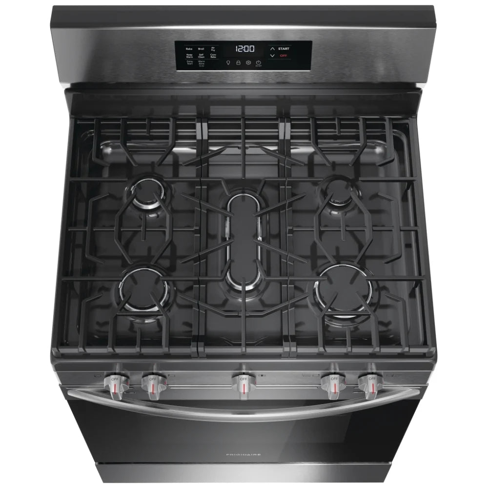 Frigidaire FCRG3083AS Gas Range, 5.1 cu. ft. Capacity, 30 inch Exterior Width, Self Clean, Convection, 5 Burners, Storage Drawer, Air Fry, 18,000 BTU Highest Burner, Black Stainless Steel color
