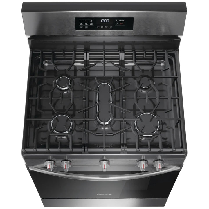 Frigidaire FCRG3083AS Gas Range, 5.1 cu. ft. Capacity, 30 inch Exterior Width, Self Clean, Convection, 5 Burners, Storage Drawer, Air Fry, 18,000 BTU Highest Burner, Black Stainless Steel color