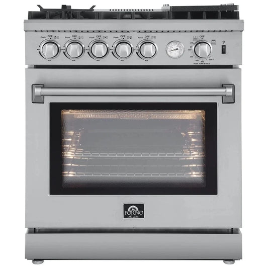 Forno FFSGS6276-30 Gas Range, 4.32 cu. ft. Capacity, 30 inch Exterior Width, Convection, 5 Burners, Air Fry, 19,000 BTU Highest Burner, Stainless Steel color
