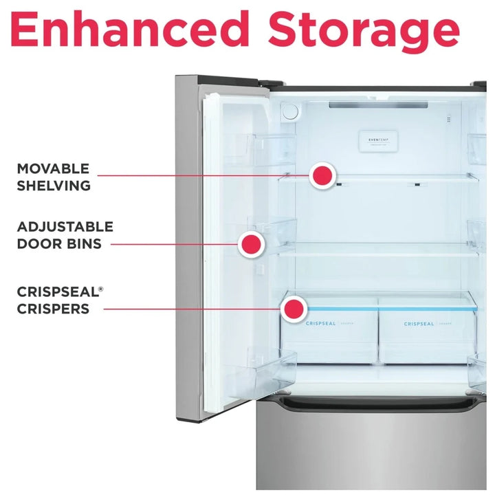 Frigidaire FRFG2033AV Counter Depth French Door Refrigerator, 33 inch Width, 19.6 cu. ft. Capacity, Counter Depth, Water Dispenser (Interior), Ice Dispenser (Freezer Located), ENERGY STAR Certified, Stainless Look colour, CrispSeal® Plus Crispers