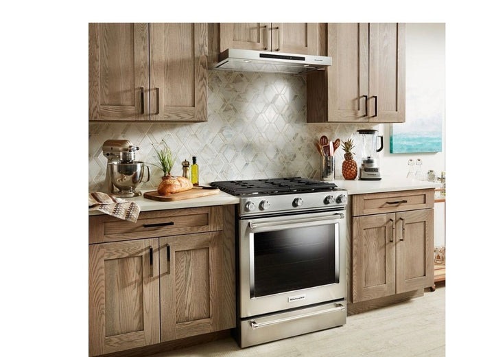 KitchenAid KVUB400GSS Range Hood, Under-Cabinet, Under-Cabinet, 30" Exterior Width, 400 CFM, Outside / Ducting, LED, Dishwasher Safe Filters, Aluminum Mesh, Stainless Steel colour
