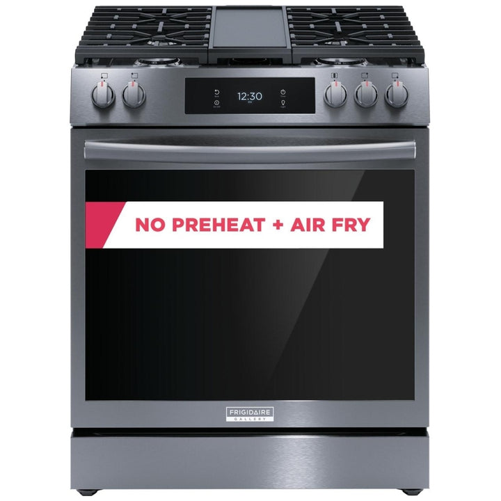 Frigidaire Gallery GCFG3060BD Gas Range, 6 cu. ft. Capacity, 30 inch Exterior Width, Self Clean, Convection, 5 Burners, Storage Drawer, Yes, 18,000 BTU Highest Burner, Black Stainless Steel colour True European Convection, Air Fry, Air Sous Vide