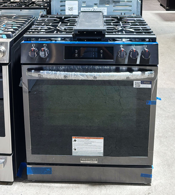 Frigidaire Gallery GCFG3060BD Gas Range, 6 cu. ft. Capacity, 30 inch Exterior Width, Self Clean, Convection, 5 Burners, Storage Drawer, Yes, 18,000 BTU Highest Burner, Black Stainless Steel colour True European Convection, Air Fry, Air Sous Vide