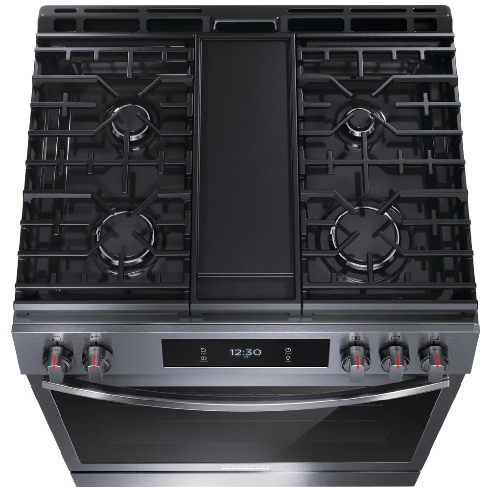 Frigidaire Gallery GCFG3060BD Gas Range, 6 cu. ft. Capacity, 30 inch Exterior Width, Self Clean, Convection, 5 Burners, Storage Drawer, Yes, 18,000 BTU Highest Burner, Black Stainless Steel colour True European Convection, Air Fry, Air Sous Vide