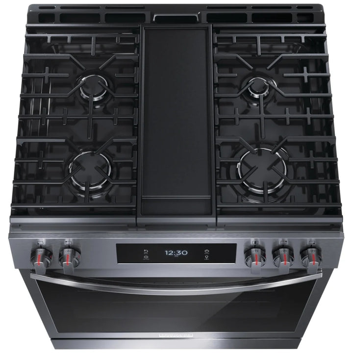 Frigidaire Gallery GCFG3060BD Gas Range, 6 cu. ft. Capacity, 30 inch Exterior Width, Self Clean, Convection, 5 Burners, Storage Drawer, Yes, 18,000 BTU Highest Burner, Black Stainless Steel colour True European Convection, Air Fry, Air Sous Vide