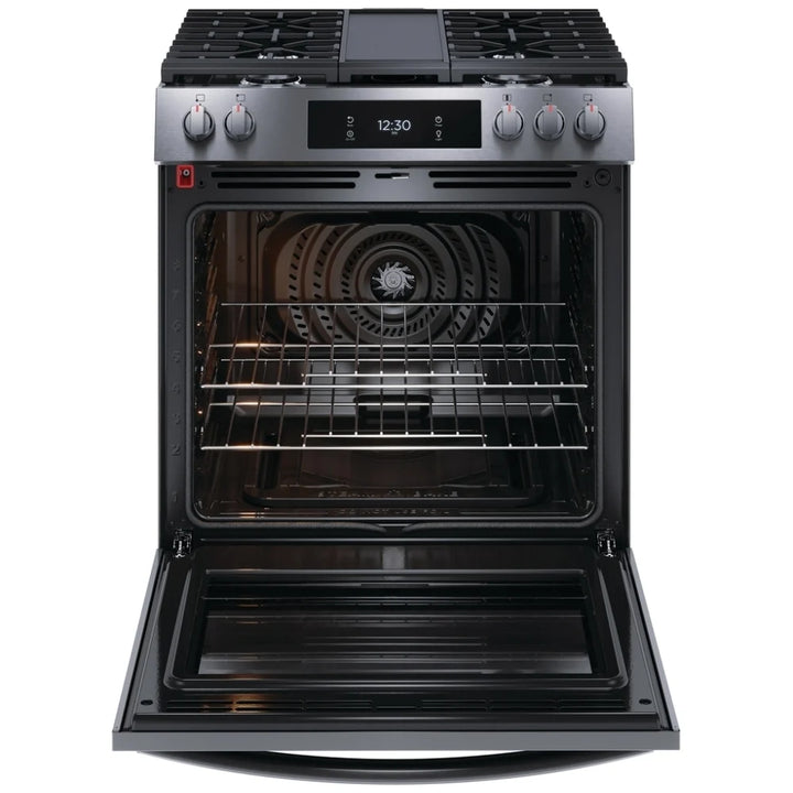 Frigidaire Gallery GCFG3060BD Gas Range, 6 cu. ft. Capacity, 30 inch Exterior Width, Self Clean, Convection, 5 Burners, Storage Drawer, Yes, 18,000 BTU Highest Burner, Black Stainless Steel colour True European Convection, Air Fry, Air Sous Vide
