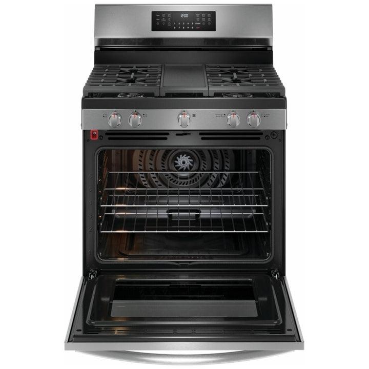 Frigidaire Gallery GCRG3060BF Gas Range, 5.1 cu. ft. Capacity, 30 inch Exterior Width, Steam & Self Clean, True Convection, 5 Burners, Storage Drawer, Air Fry, 18,000 BTU Highest Burner, Stainless Steel colour Temperature Probe