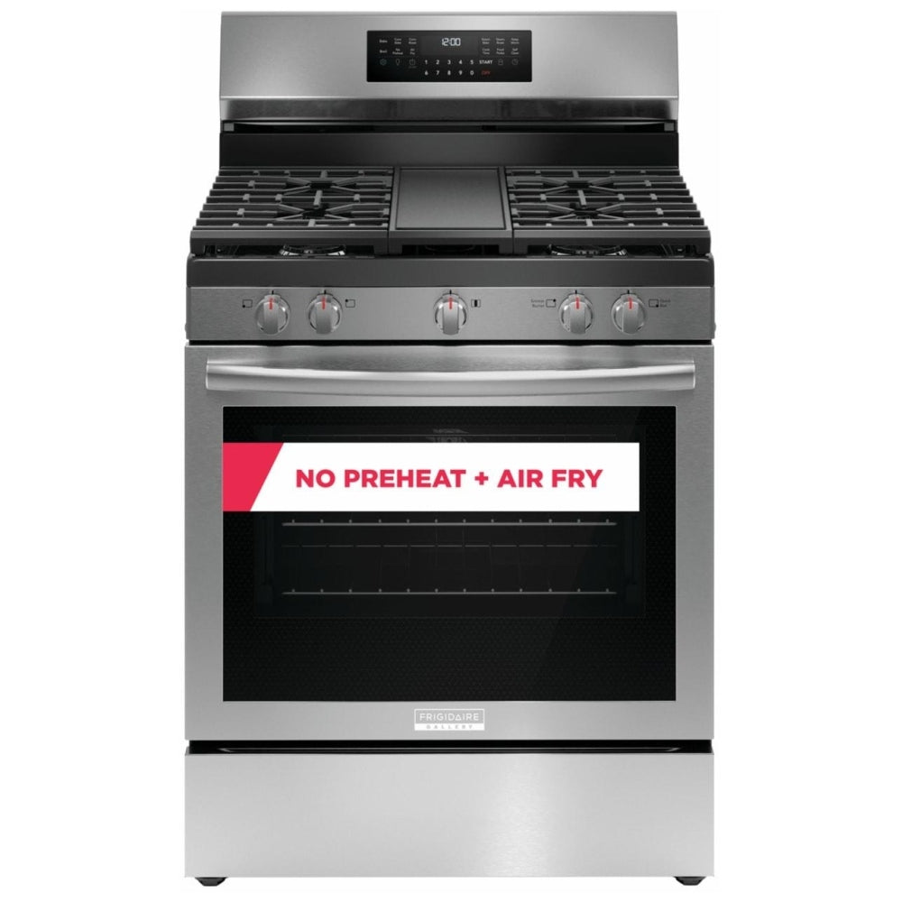 Frigidaire Gallery GCRG3060BF Gas Range, 5.1 cu. ft. Capacity, 30 inch Exterior Width, Steam & Self Clean, True Convection, 5 Burners, Storage Drawer, Air Fry, 18,000 BTU Highest Burner, Stainless Steel colour Temperature Probe