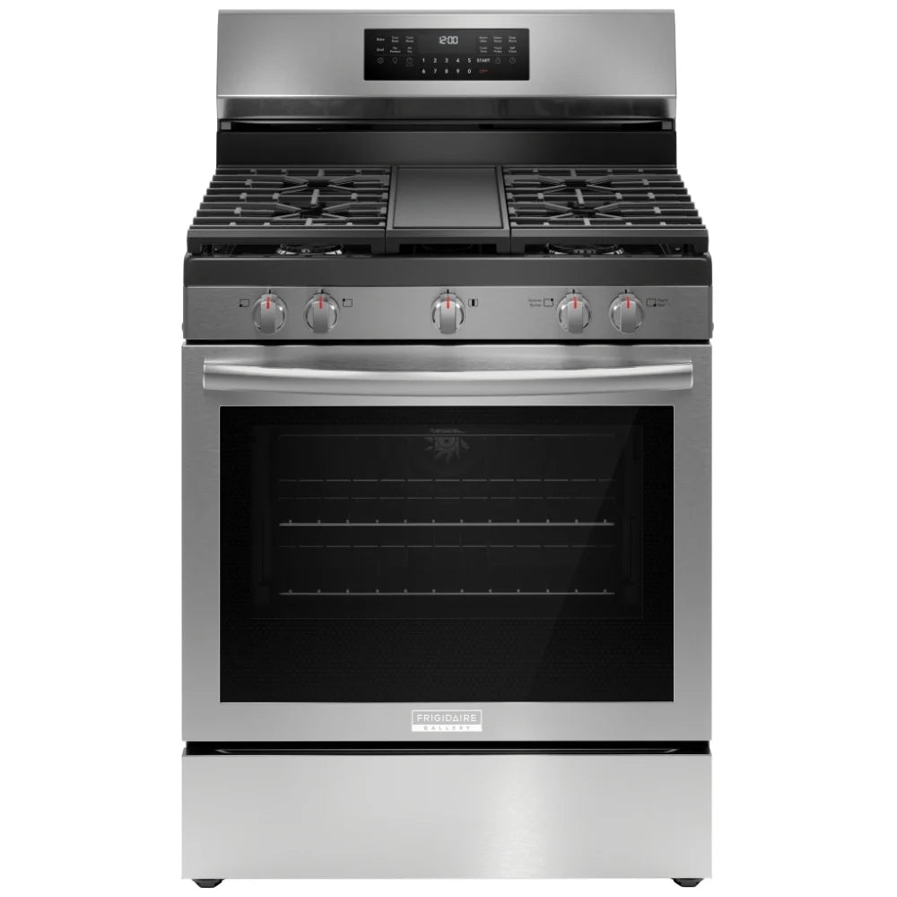 Frigidaire Gallery GCRG3060BF Gas Range, 5.1 cu. ft. Capacity, 30 inch Exterior Width, Steam & Self Clean, True Convection, 5 Burners, Storage Drawer, Air Fry, 18,000 BTU Highest Burner, Stainless Steel colour Temperature Probe