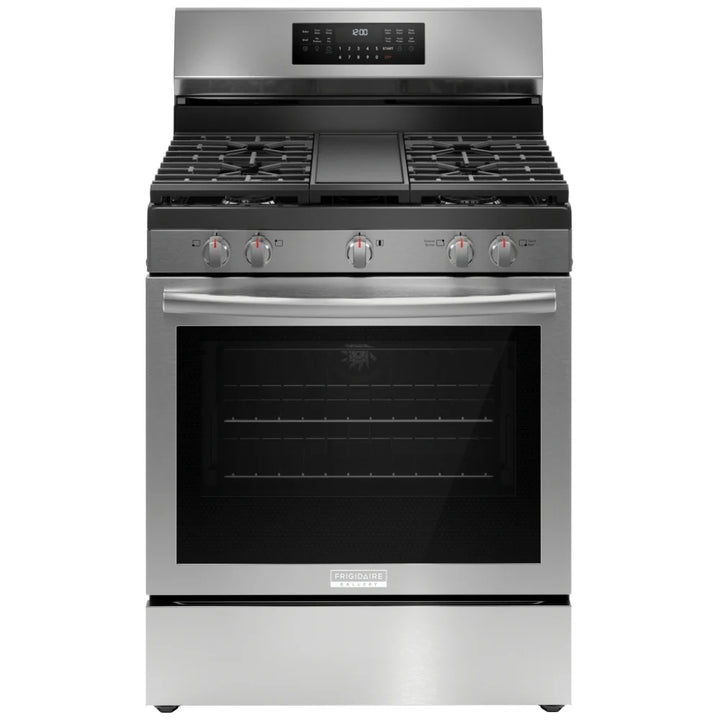 Frigidaire Gallery GCRG3060BF Gas Range, 5.1 cu. ft. Capacity, 30 inch Exterior Width, Steam & Self Clean, True Convection, 5 Burners, Storage Drawer, Air Fry, 18,000 BTU Highest Burner, Stainless Steel colour Temperature Probe