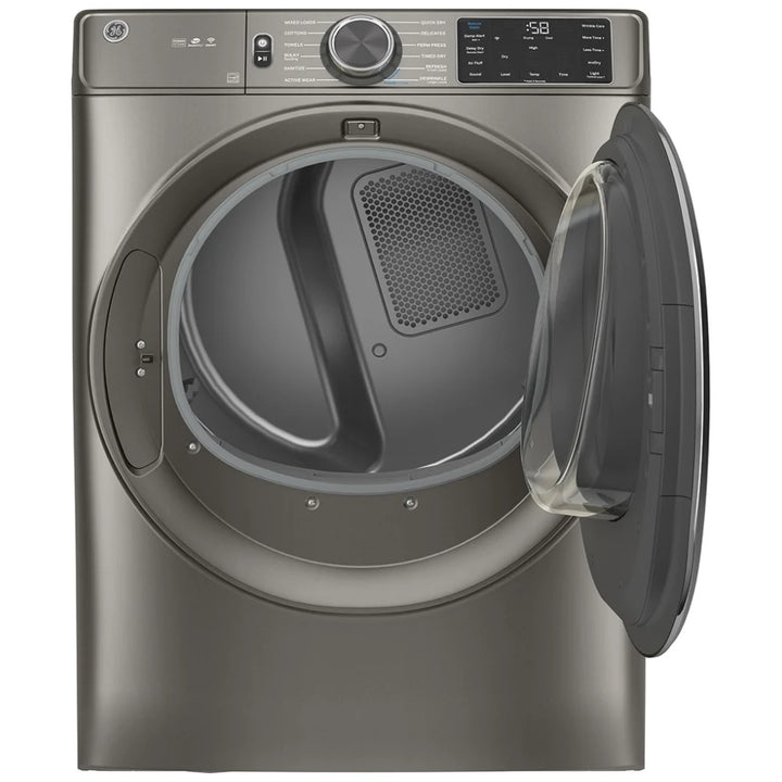 GE GFD65ESMNSN Dryer, 28 inch Width, Electric, 7.8 cu. ft. Capacity, Steam Clean, 4 Temperature Settings, Stackable, Steel Drum, Satin Nickel