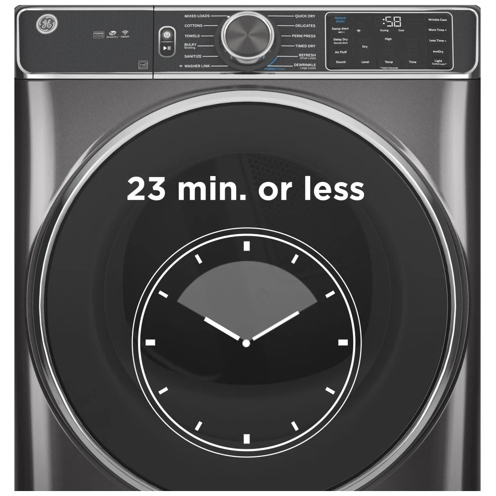 GE GFD65ESMVDS Electric Dryer, 28 inch Width, 7.8 cu. ft. Capacity, Steam Clean, 5 Temperature Settings, Stackable, Steel Drum, Wifi Enabled, Carbon Graphite colour