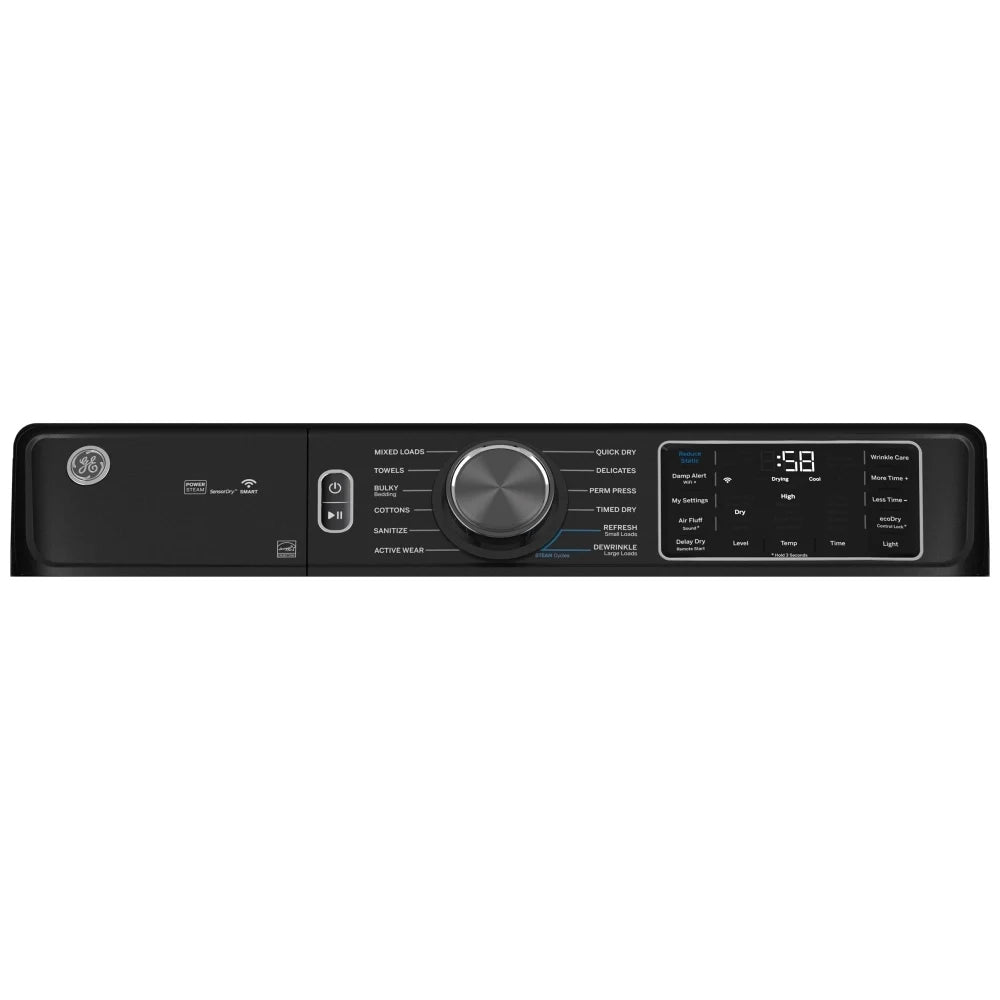 GE GFD65ESMVDS Electric Dryer, 28 inch Width, 7.8 cu. ft. Capacity, Steam Clean, 5 Temperature Settings, Stackable, Steel Drum, Wifi Enabled, Carbon Graphite colour