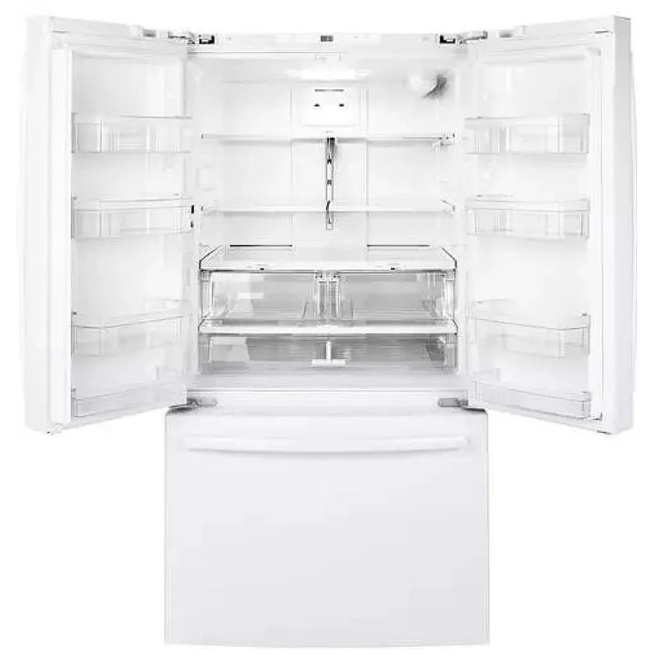 GE GNE27JGMWW French Door Refrigerator, 36 inch Width, ENERGY STAR Certified, 26.7 cu. ft. Capacity, Water Dispenser (Interior), Ice Dispenser (Freezer Located), White color