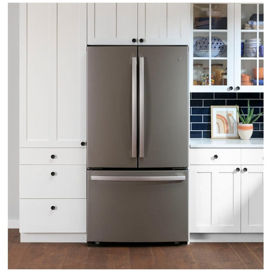 GE GWE23GMNES Counter Depth French Door Refrigerator, 36 inch Width, ENERGY STAR Certified, 23.1 cu. ft. Capacity, Counter Depth, Ice Dispenser (Freezer Located), Slate color RF