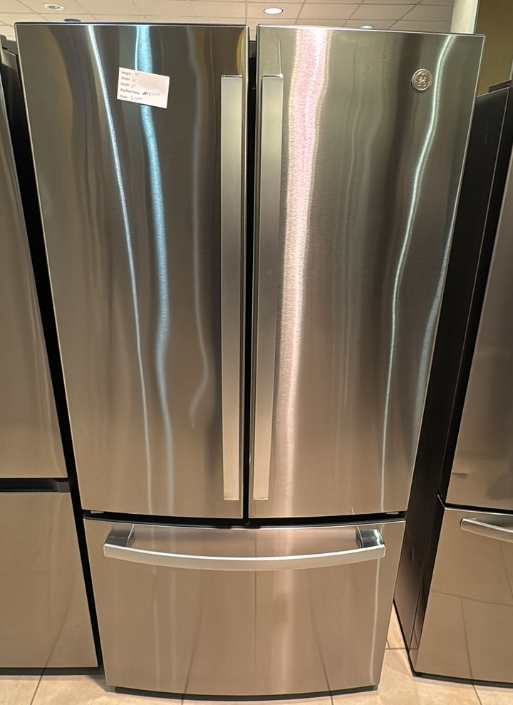 GE GNE25DYRKFS Bottom Freezer French Door Refrigerator, 33 inch Width, 24.8 cu. ft. Capacity, ENERGY STAR Certified, Stainless Steel colour Glass Shelves