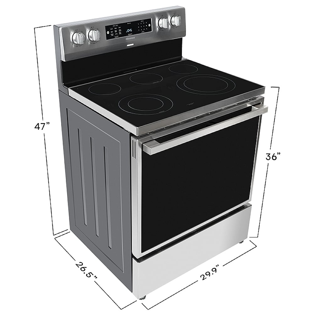 Hisense HBE3501CPS Electric Range, 5.8 cu. ft. Capacity, 30 inch Exterior Width, Convection, 5 Burners, Storage Drawer, Self Clean, 3,300 Watts Highest Burner Element, Stainless Steel color