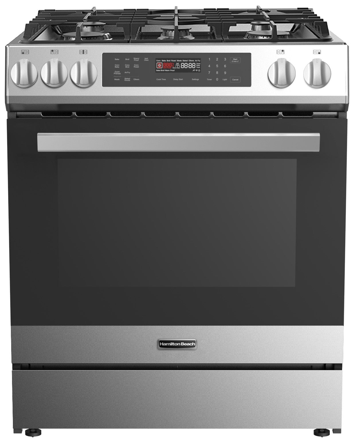 Hamilton Beach HBRD370 Dual Fuel Range, 5 cu. ft. Capacity, 30 inch Exterior Width, Convection, 5 Burners, Air Fry, Self Clean, Stainless Steel color.  HBRD370