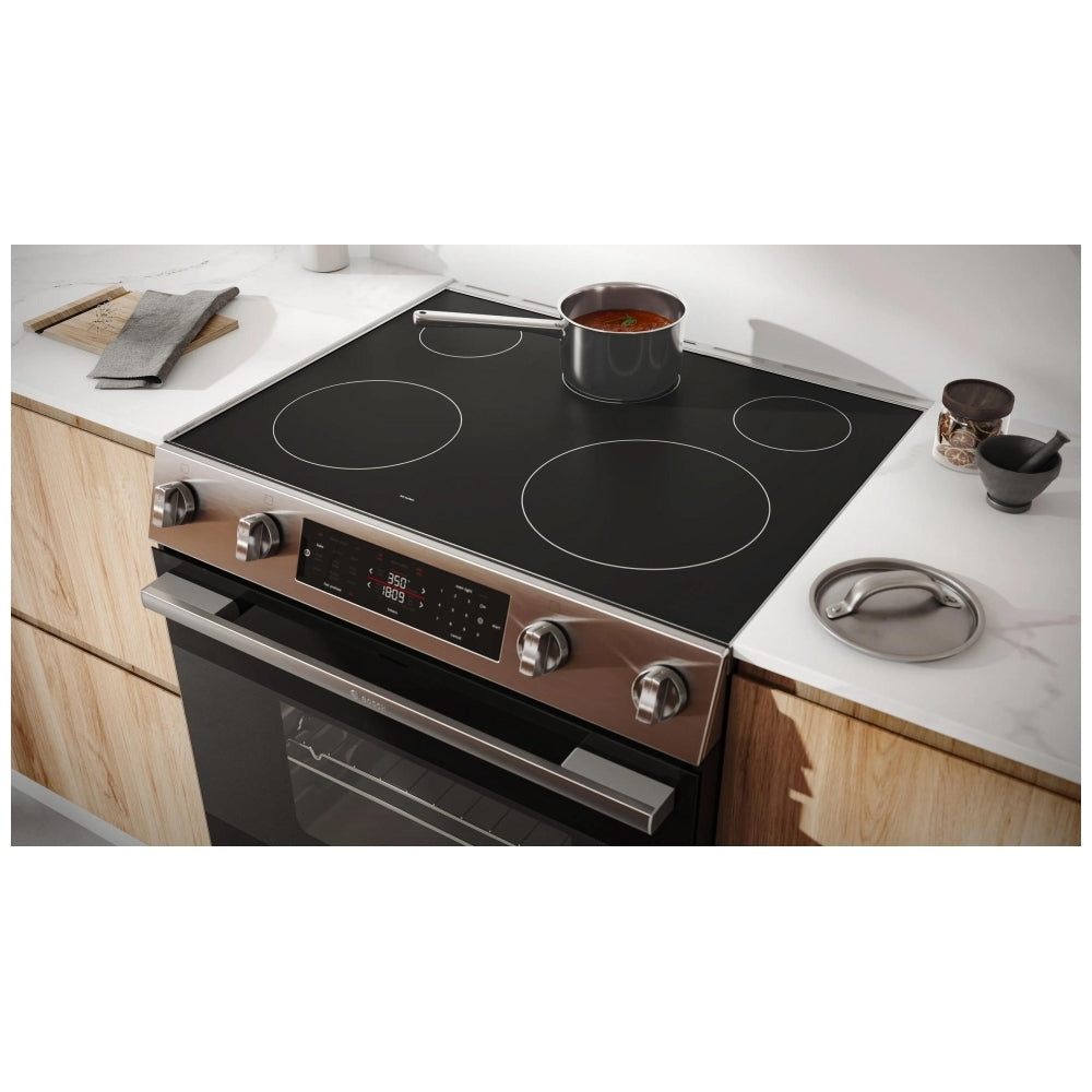 Bosch 100 Series HEF1050MC Electric Range, 5.8 cu. ft. Capacity, 30 inch Exterior Width, Convection, Storage Drawer, Yes, Self Clean, 3,000 W Highest Element, Stainless Steel colour