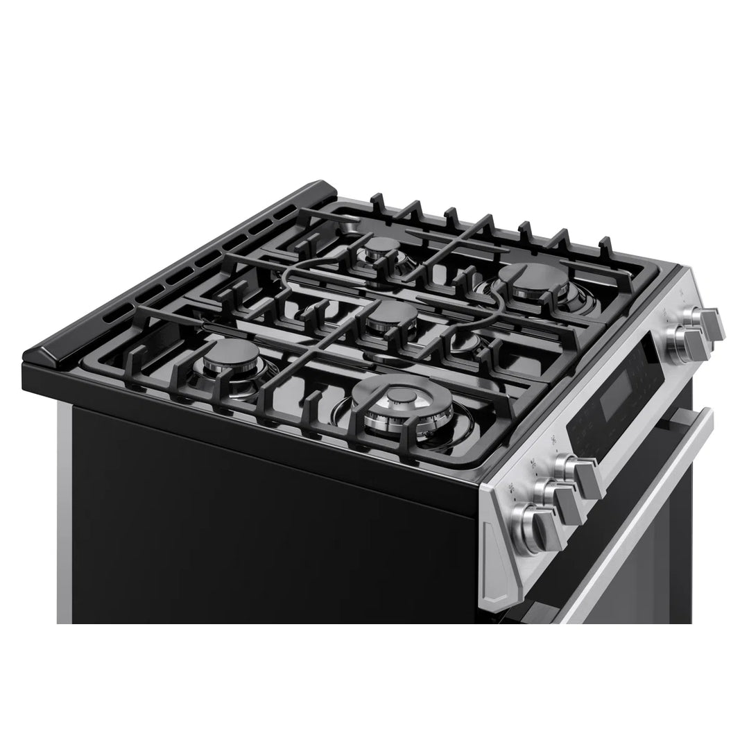 Hamilton Beach HBRD370 Dual Fuel Range, 5 cu. ft. Capacity, 30 inch Exterior Width, Convection, 5 Burners, Air Fry, Self Clean, Stainless Steel color.  HBRD370