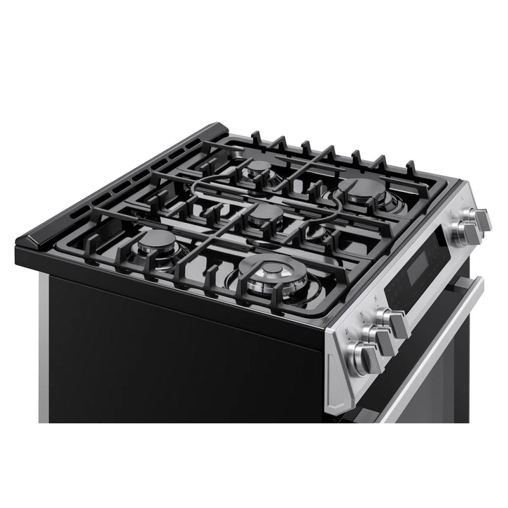 Hamilton Beach HBRD370 Dual Fuel Range, 5 cu. ft. Capacity, 30 inch Exterior Width, Convection, 5 Burners, Air Fry, Self Clean, Stainless Steel color.  HBRD370