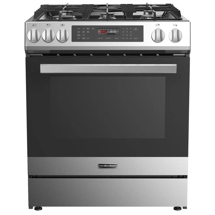 Hamilton Beach HBRD370 Dual Fuel Range, 5 cu. ft. Capacity, 30 inch Exterior Width, Convection, 5 Burners, Air Fry, Self Clean, Stainless Steel color.  HBRD370