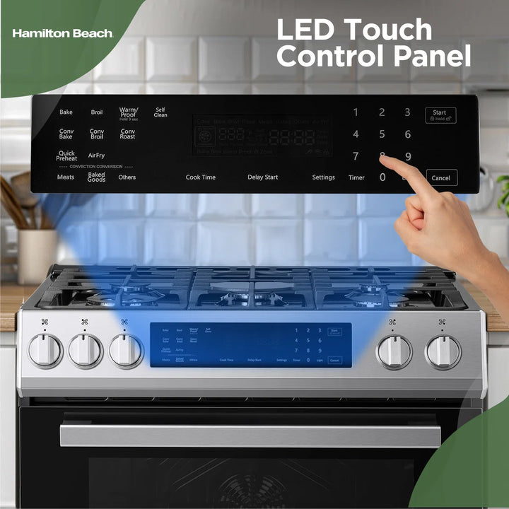 Hamilton Beach HBRD370 Dual Fuel Range, 5 cu. ft. Capacity, 30 inch Exterior Width, Convection, 5 Burners, Air Fry, Self Clean, Stainless Steel color.  HBRD370