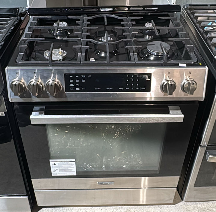 Hamilton Beach HBRD370 Dual Fuel Range, 5 cu. ft. Capacity, 30 inch Exterior Width, Convection, 5 Burners, Air Fry, Self Clean, Stainless Steel color.  HBRD370