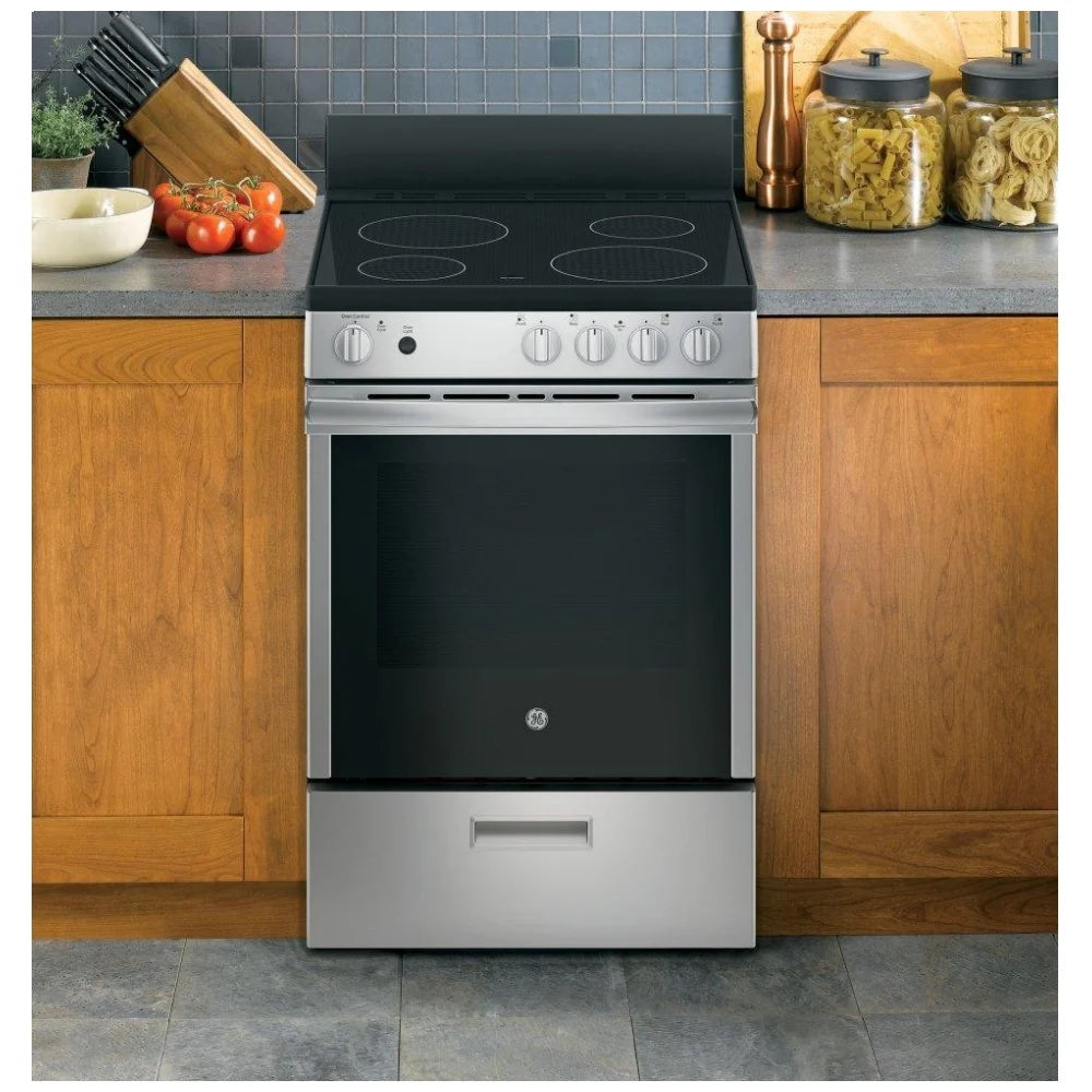 GE JCAS640RMSS Electric Range, 2.9 cu. ft. Capacity, 24 inch Exterior Width, 4 Burners, Storage Drawer, Manual Clean, 2,000 W Highest Element, Stainless Steel colour