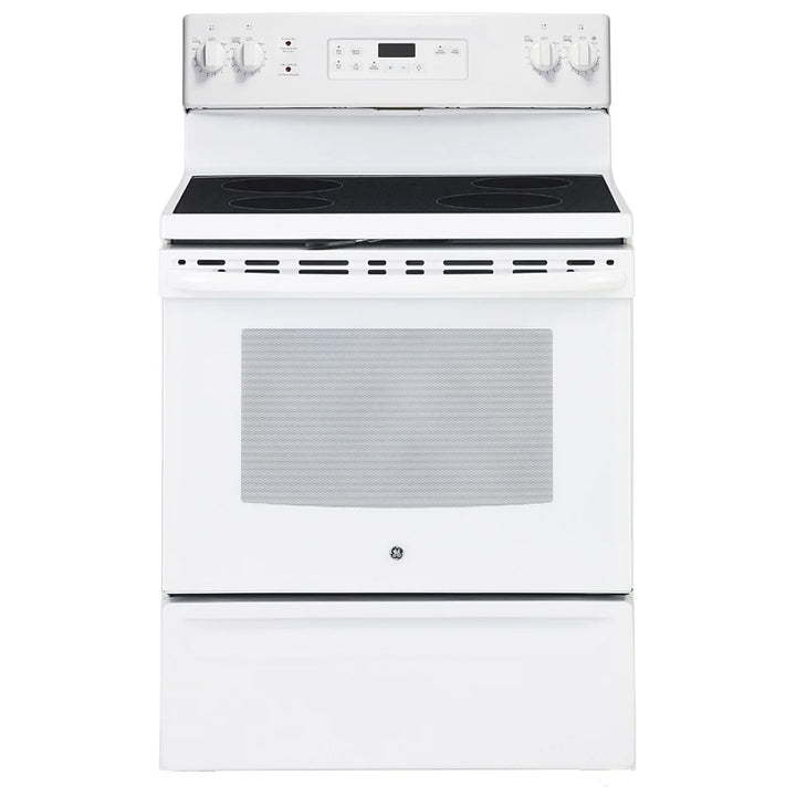 GE JCB630DKWW Range, 30" Exterior Width, Electric Range, Self Clean, Glass Burners (Electric), 4 Burners, 5.0 cu. ft. Capacity, Storage Drawer, 1 Ovens, 2000W, Rear Controls, White colour RF
