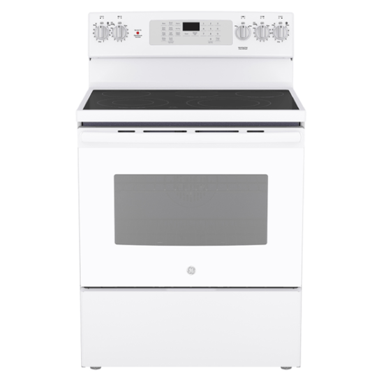 30" GE 5.0 Cu. Ft. Electric Freestanding Smooth Top Range with True European Convection in White - JCB840DVWW