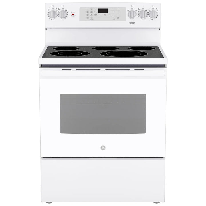 30" GE 5.0 Cu. Ft. Electric Freestanding Smooth Top Range with True European Convection in White - JCB840DVWW